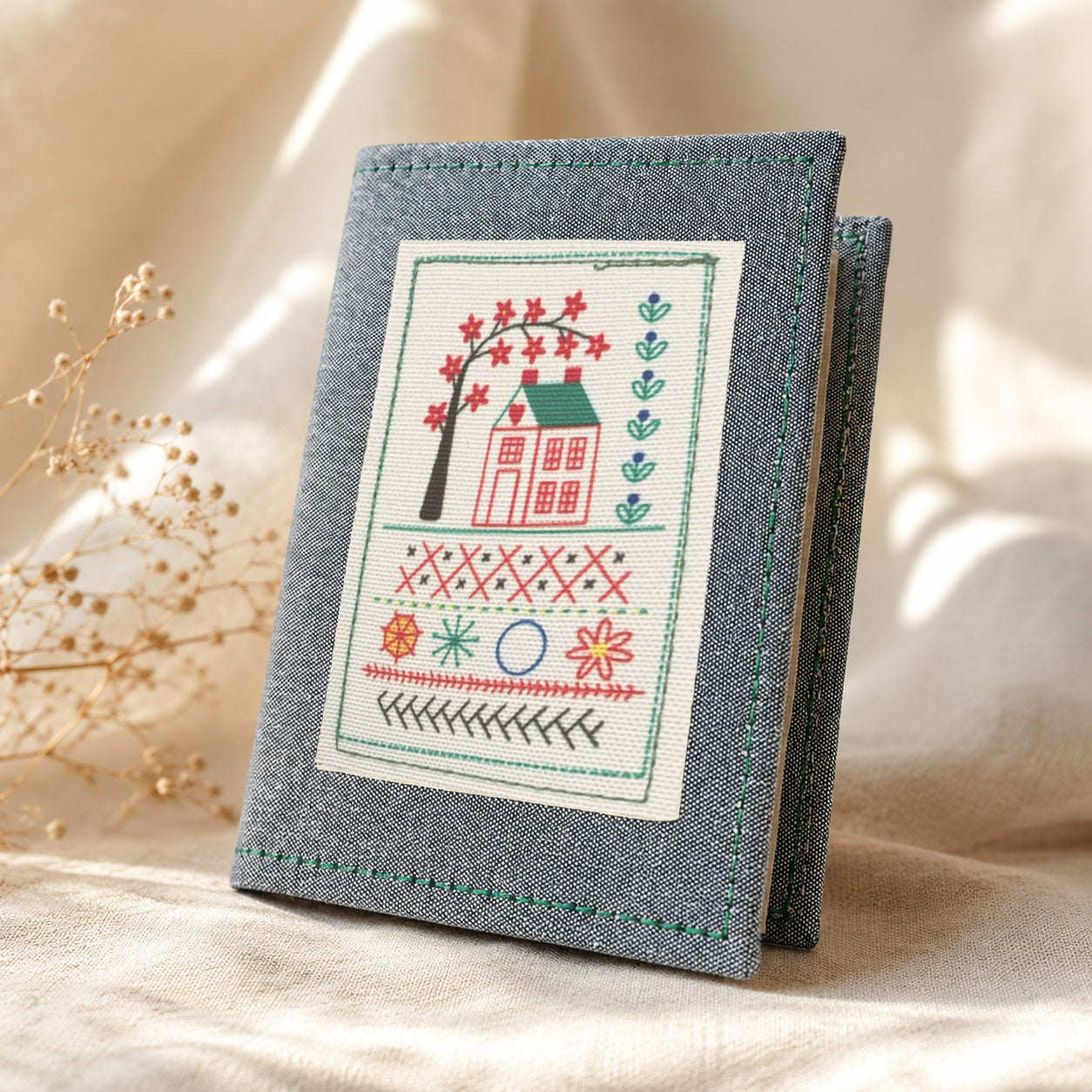 Embroidery Stitch Book With Grey Fabric Cover and Decorative Embroidery Design for Beginners.