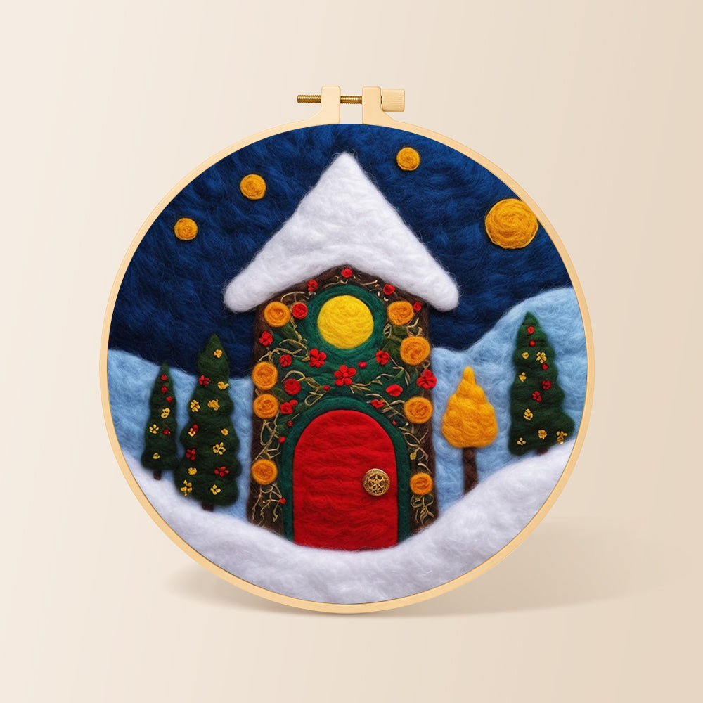 Enchanted cottage with red door and vines needle felting kit for beginners with a round wooden frame
