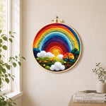 Enchanted forest rainbow needle felt wall art displayed in a bright home interior