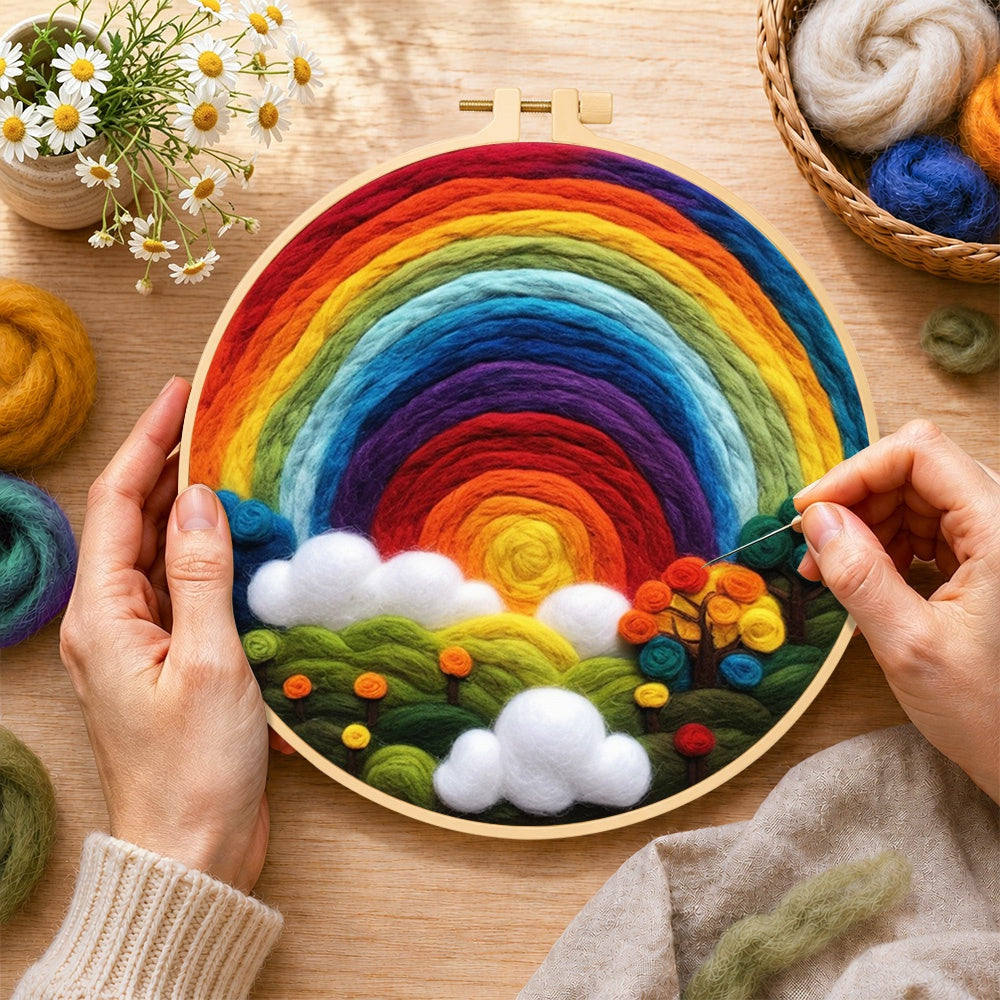 Creating the enchanted forest rainbow wool painting by hand with a felting needle
