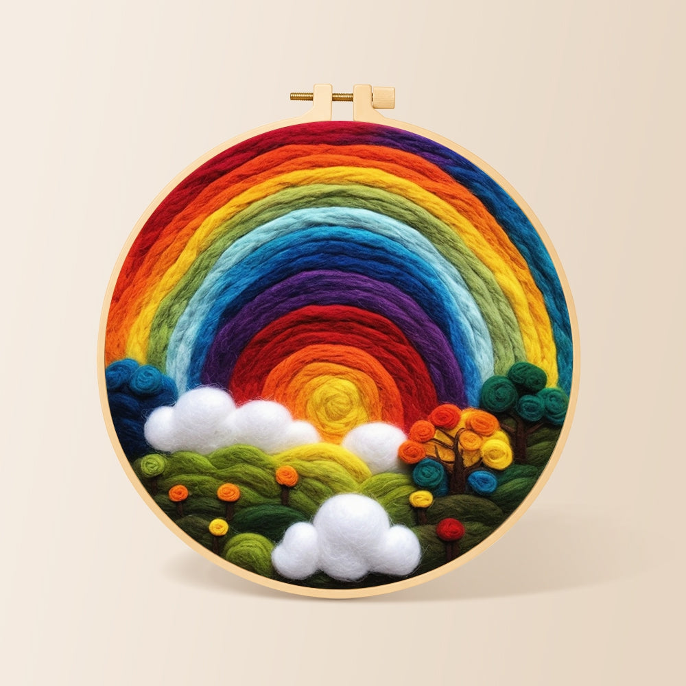 Enchanted forest rainbow needle felting kit for beginners with a round wooden frame