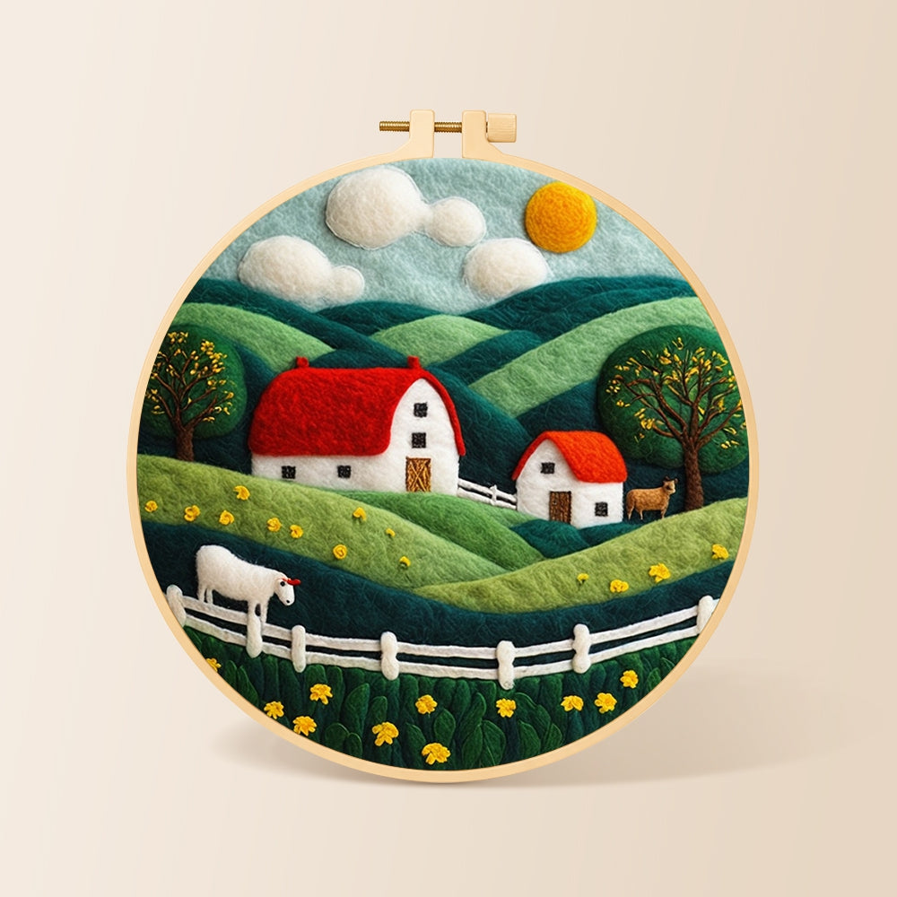 english cottage and rolling hills needle felting kit for beginners with a round wooden frame