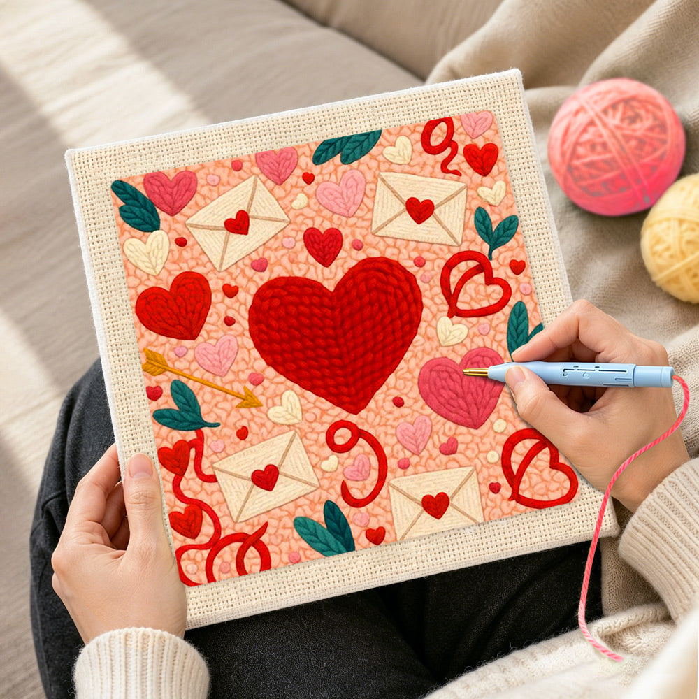 Creating handmade envelopes, hearts and cupid's arrow punch needle artwork