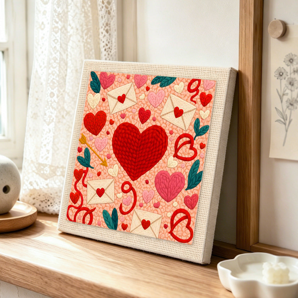 Envelopes, hearts and cupid's arrow punch needle artwork displayed on a table