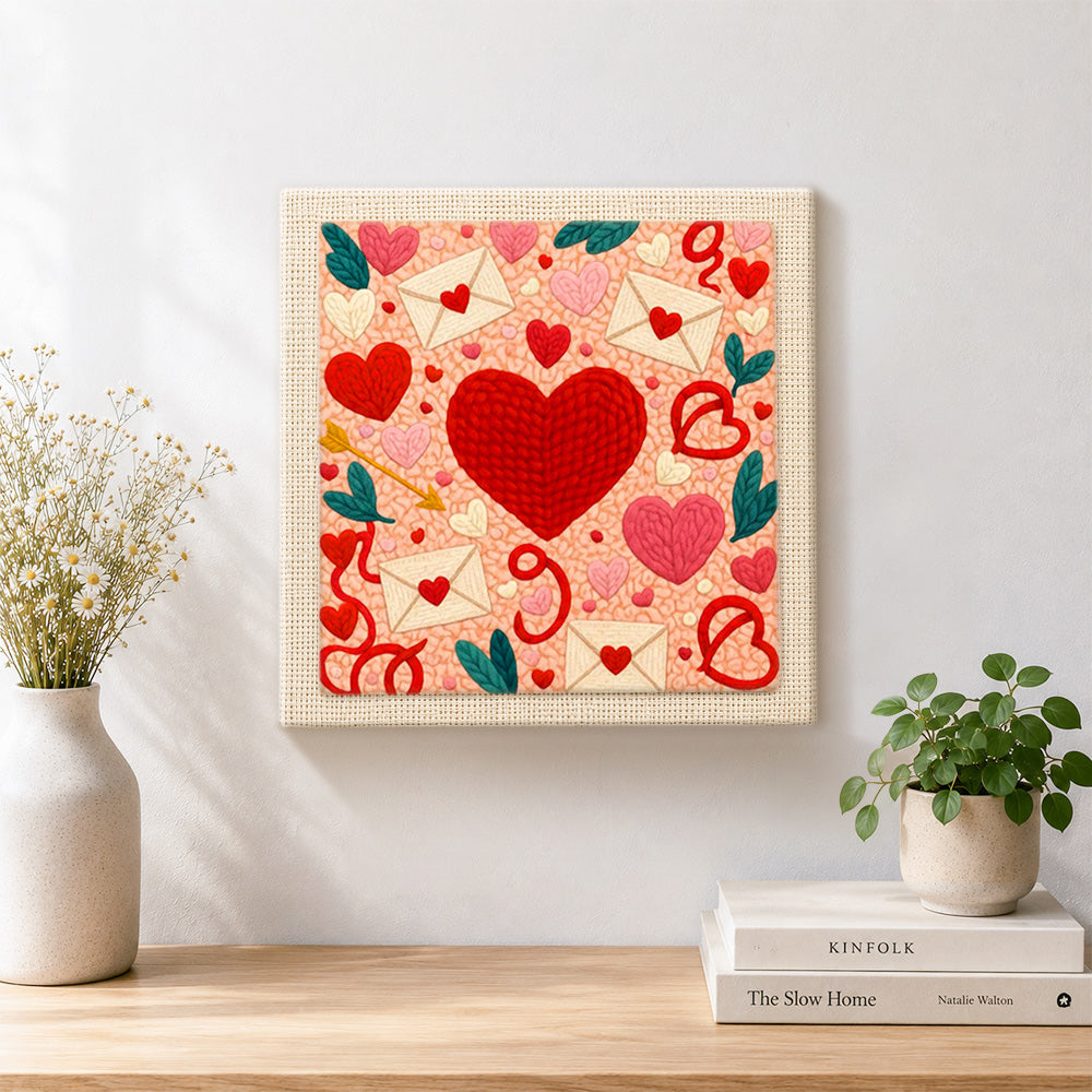 Finished envelopes, hearts and cupid's arrow artwork displayed on a wall