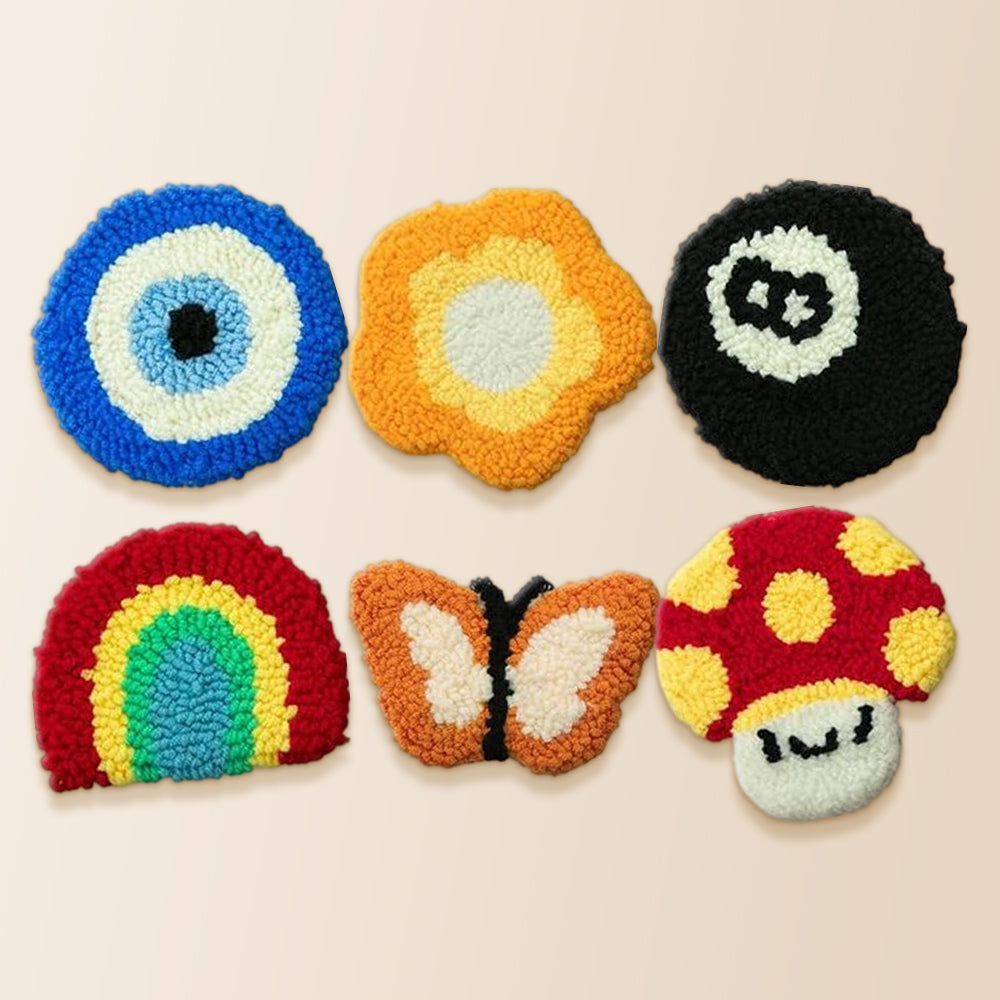 Evil eye, butterfly and rainbow punch needle coaster kit finished handmade coasters