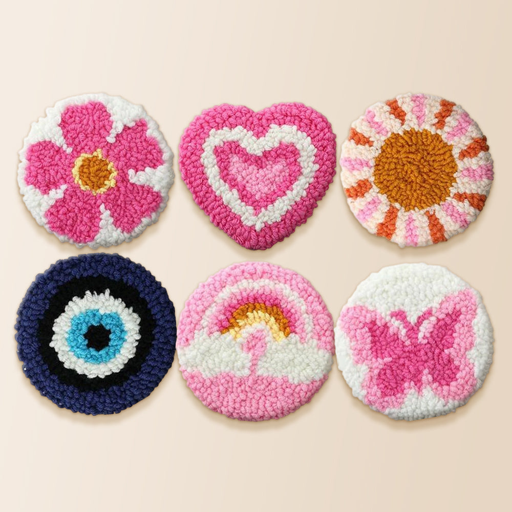 Evil eye, rainbow and butterfly punch needle coaster kit finished handmade coasters
