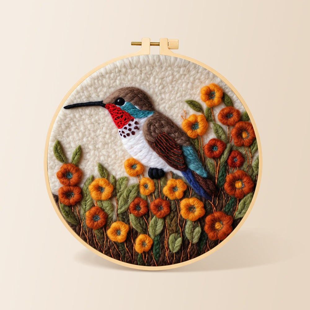 Exquisite hummingbird with autumn flowers needle felting kit for beginners with a round wooden frame