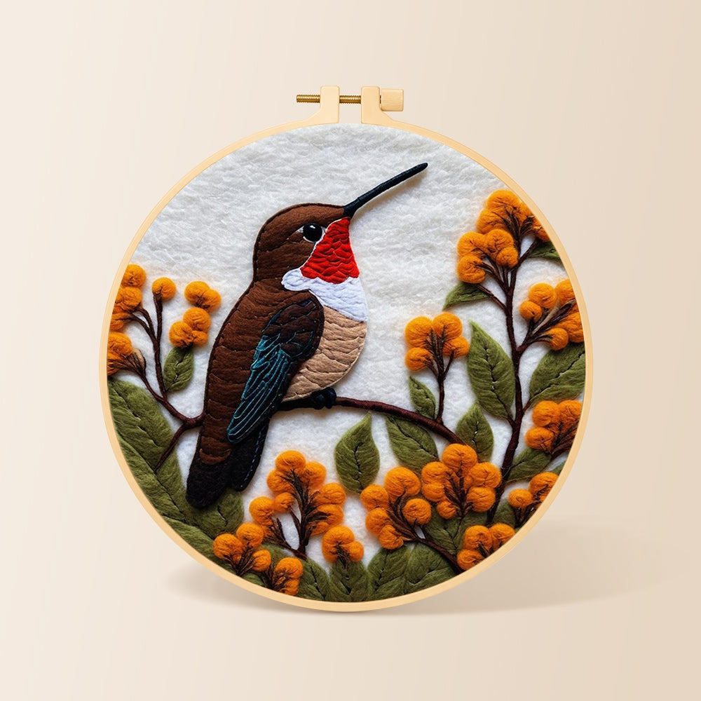 Exquisite ruby-throated hummingbird and autumn flowers needle felting kit for beginners with a round wooden frame