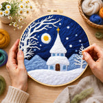 Creating the fairy tale snowy spire cottage wool painting by hand with a felting needle