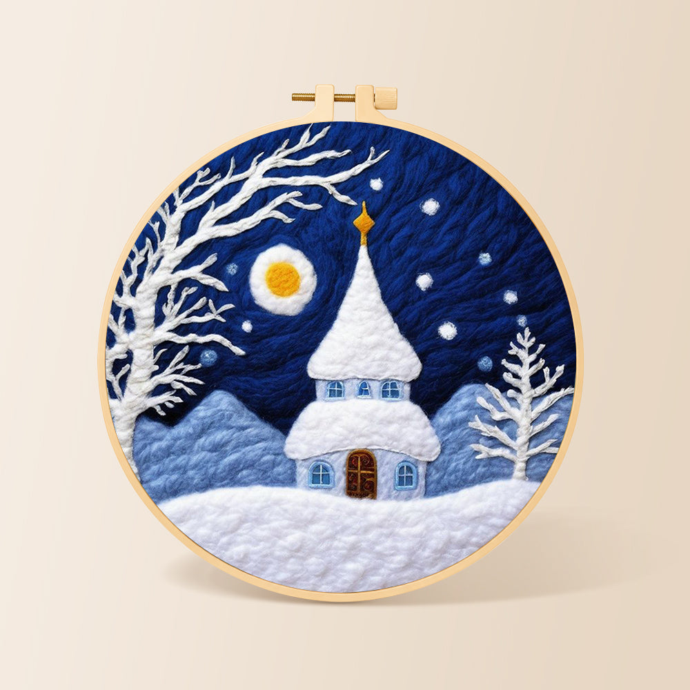Fairy tale snowy spire cottage needle felting kit for beginners with a round wooden frame