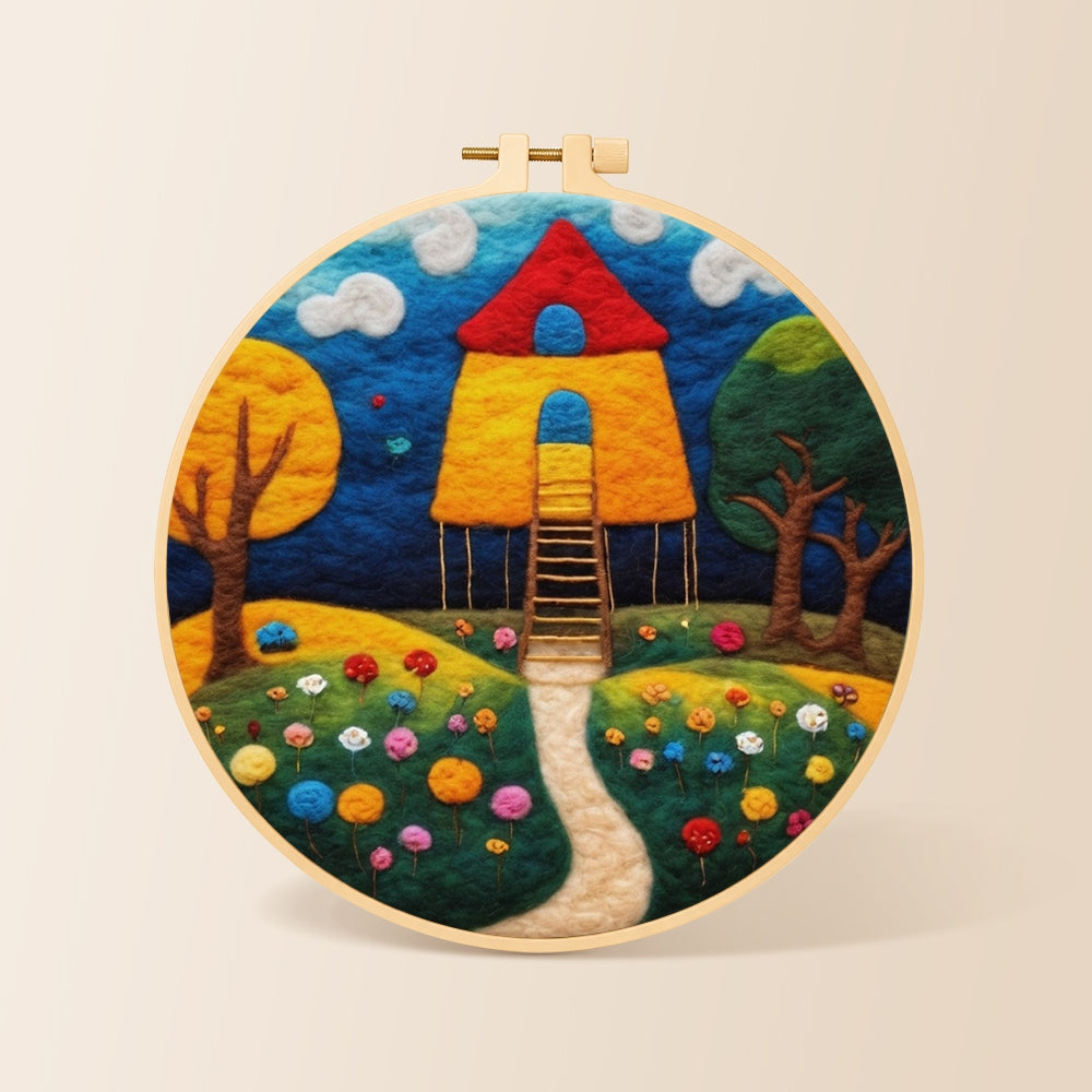 Fairy tale tall red roof cottage needle felting kit for beginners with a round wooden frame