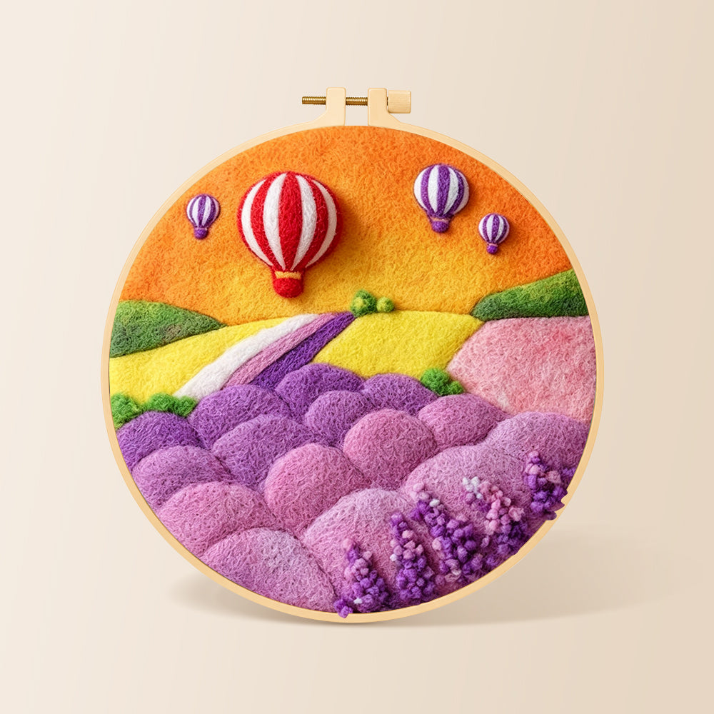 Fantasy hot air balloon tour and pastel hills needle felting kit for beginners with a round wooden frame