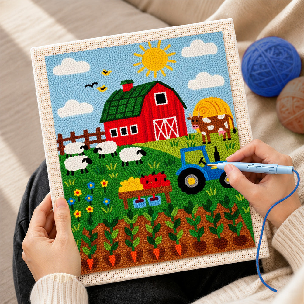 Creating handmade farmyard animals and carrot field punch needle artwork
