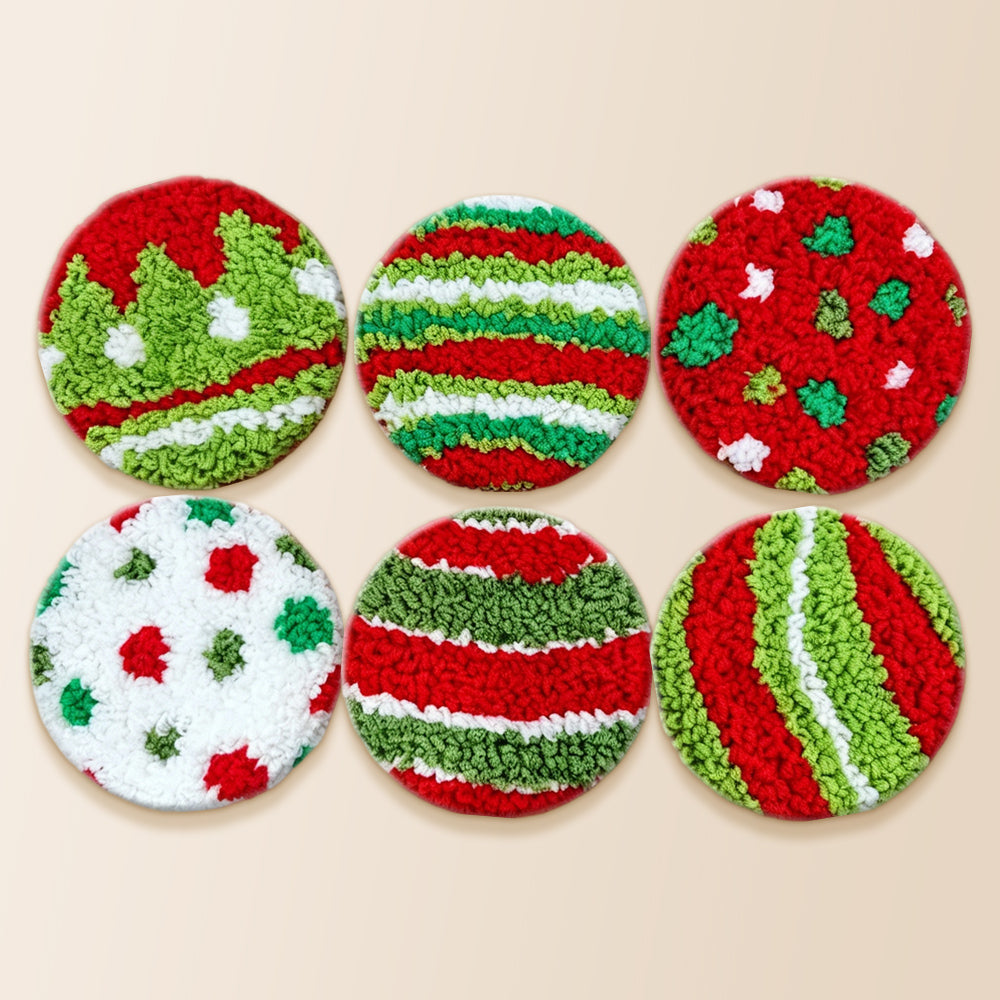 Festive striped and polka dot patterns punch needle coaster kit finished handmade coasters