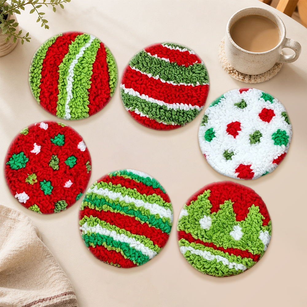 Festive striped and polka dot patterns punch needle coasters used for home decoration