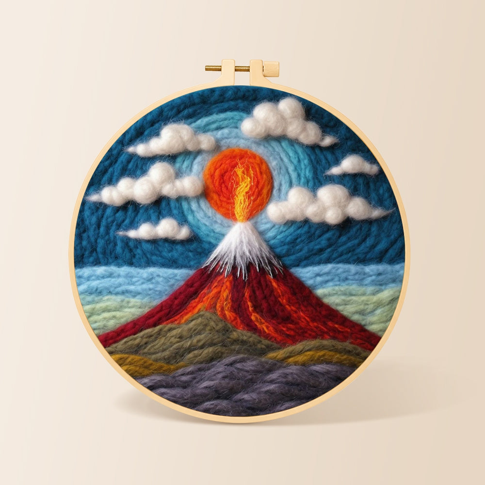 Fiery red volcano under the swirling sky needle felting kit for beginners with a round wooden frame