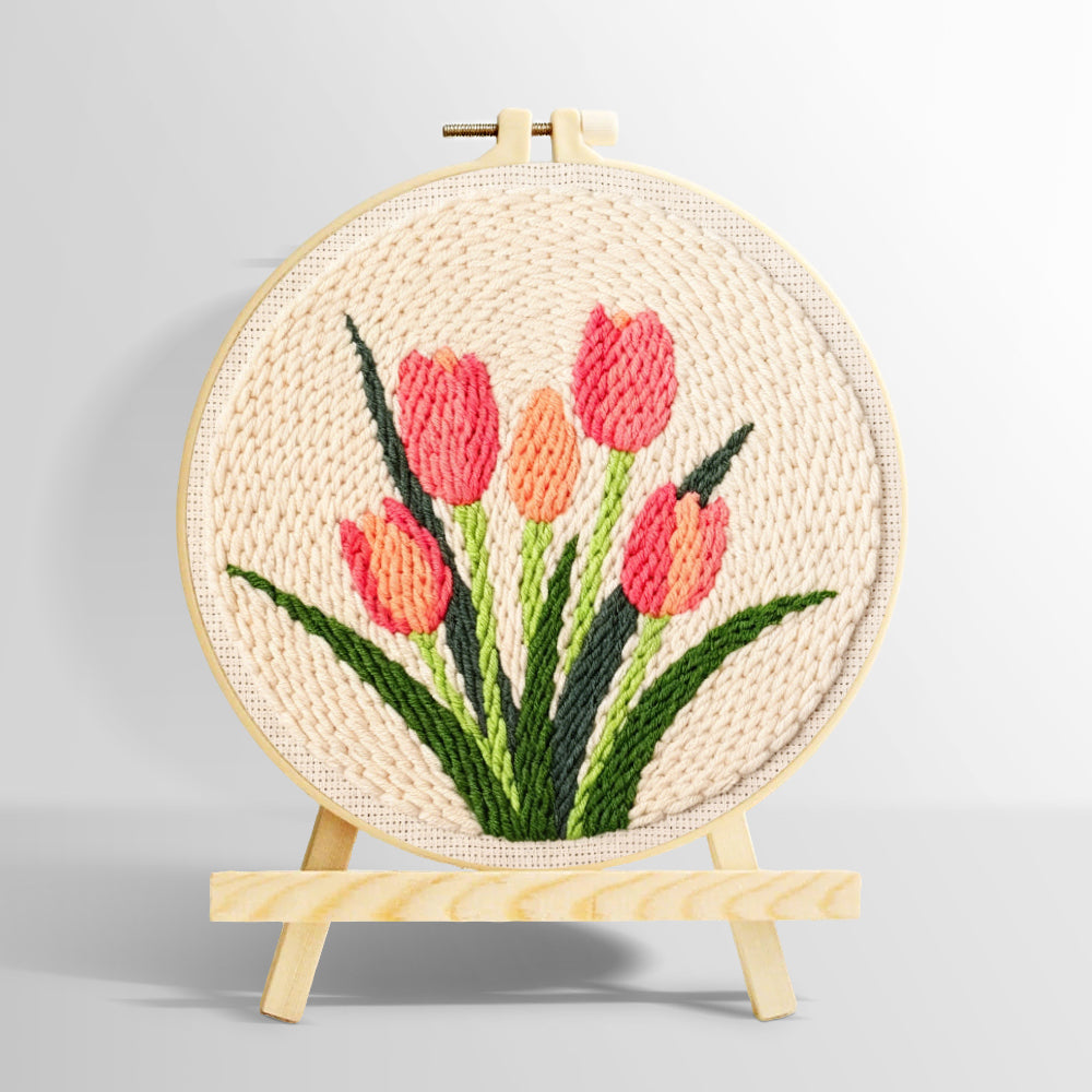 Five coral tulips in bloom punch needle kit for beginners
