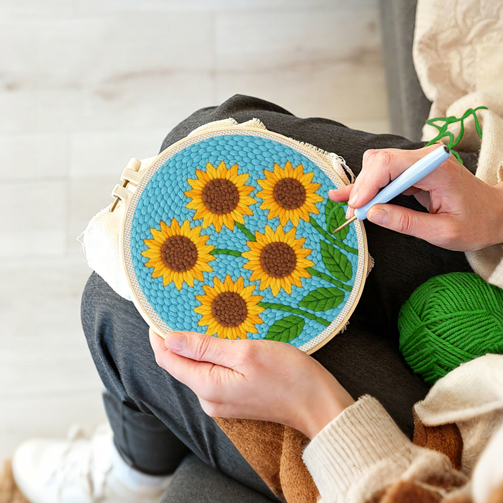 Creating handmade five sunflowers punch needle artwork