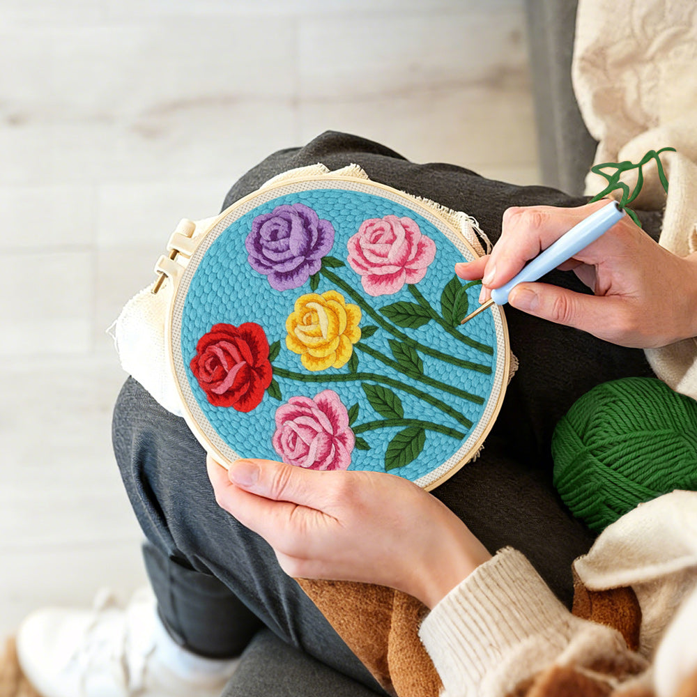 Creating handmade five vibrant roses punch needle artwork