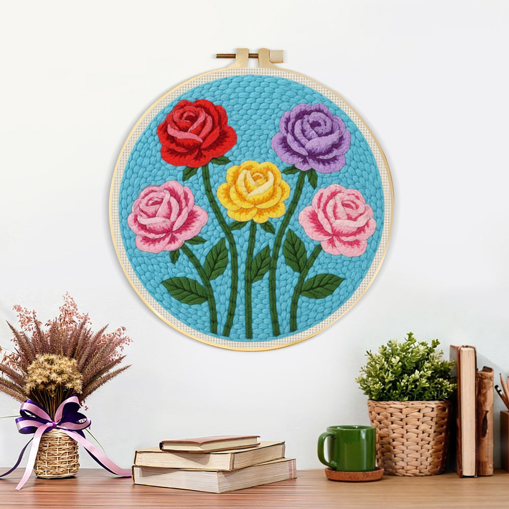 Finished five vibrant roses artwork displayed on a wall