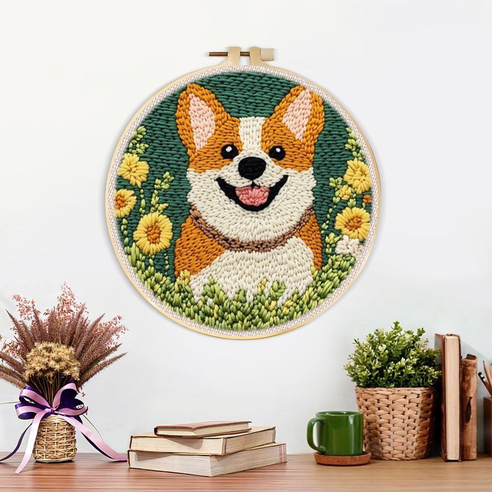 Finished floral corgi artwork displayed on a wall