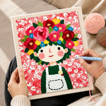 Creating handmade floral crown girl and pink flowers punch needle artwork