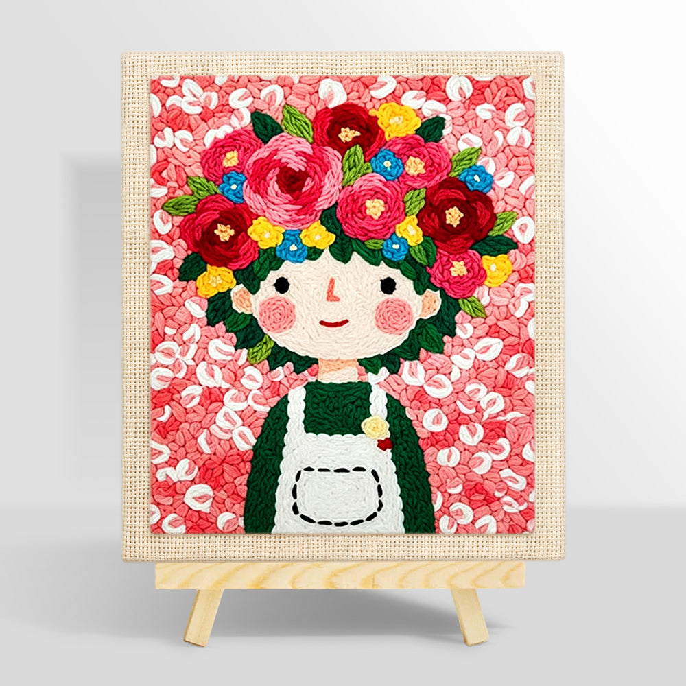Floral crown girl and pink flowers punch needle kit for beginners