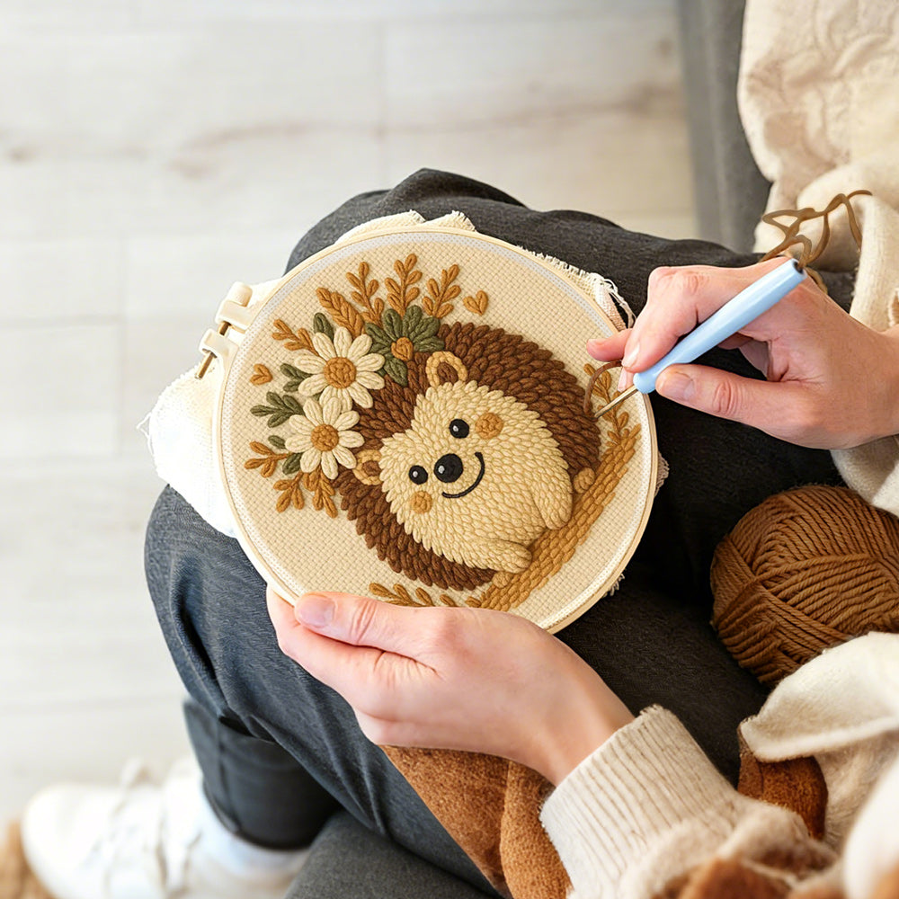 Creating handmade floral crown hedgehog punch needle artwork