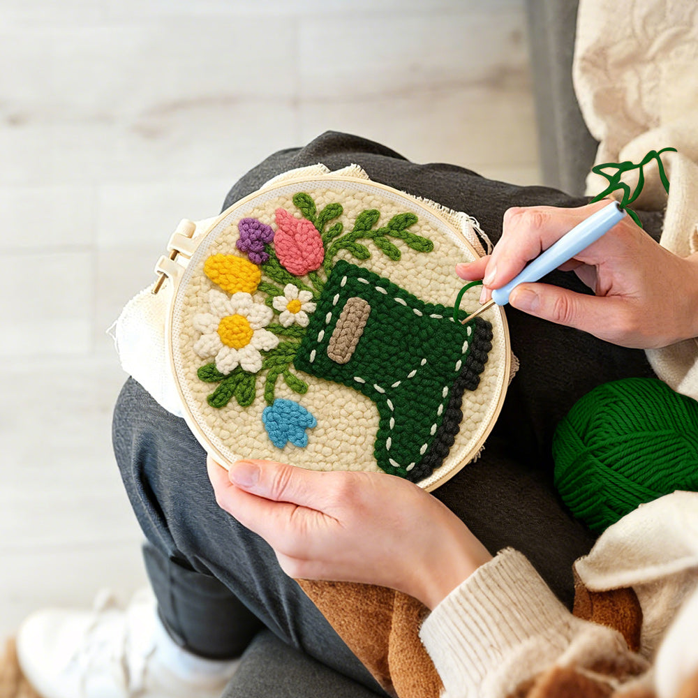 Creating handmade floral green wellies boot vase punch needle artwork