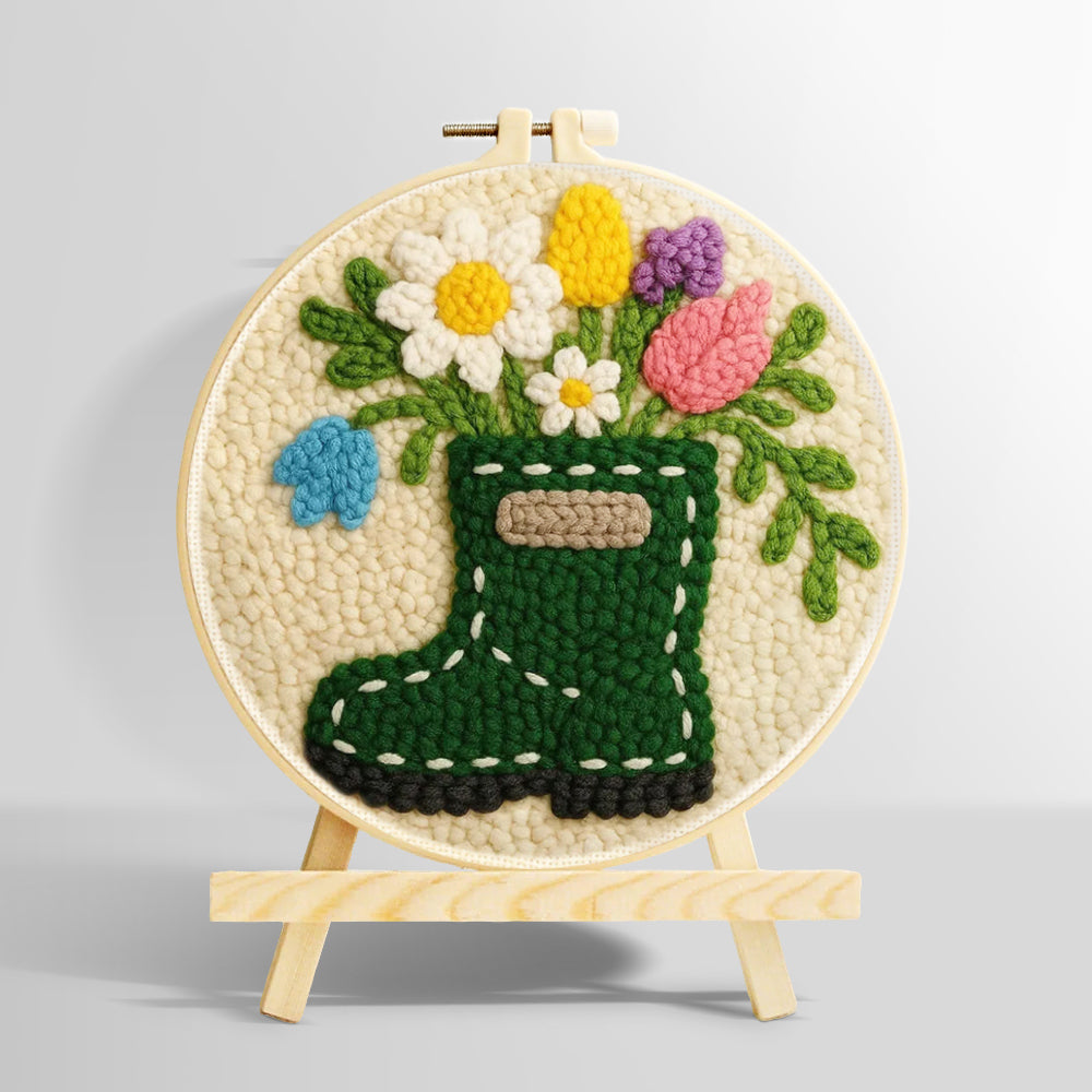 Floral green wellies boot vase punch needle kit for beginners