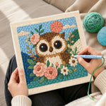 Creating handmade floral owl with pink moon punch needle artwork