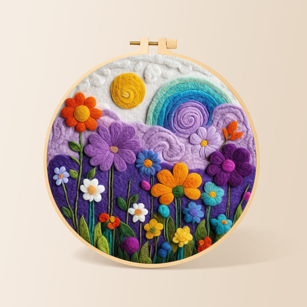 Flower field under the rainbow sky needle felting kit for beginners with a round wooden frame