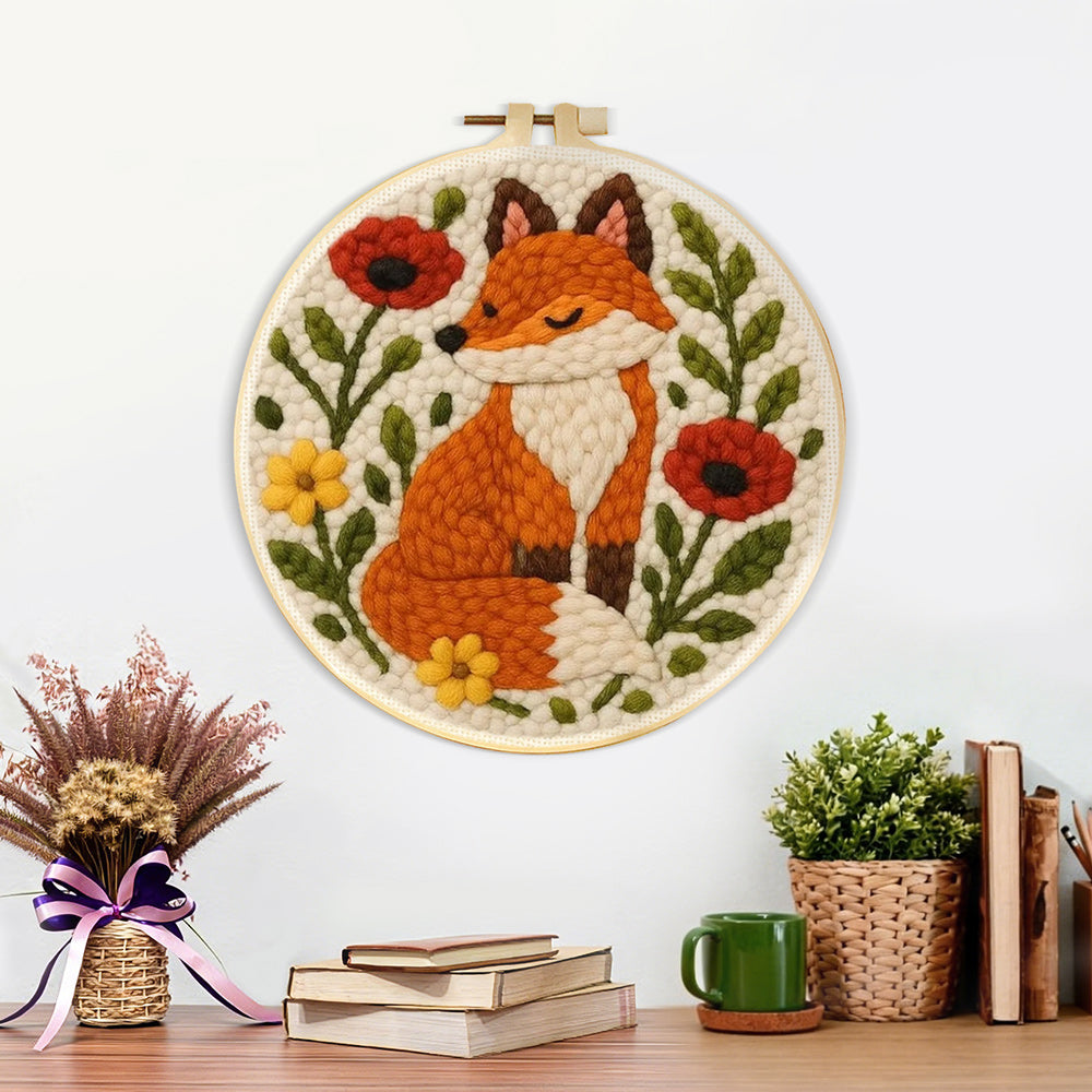 Finished flower fox artwork displayed on a wall