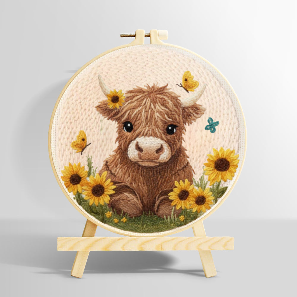 Fluffy brown highland cow and sunflowers punch needle kit for beginners