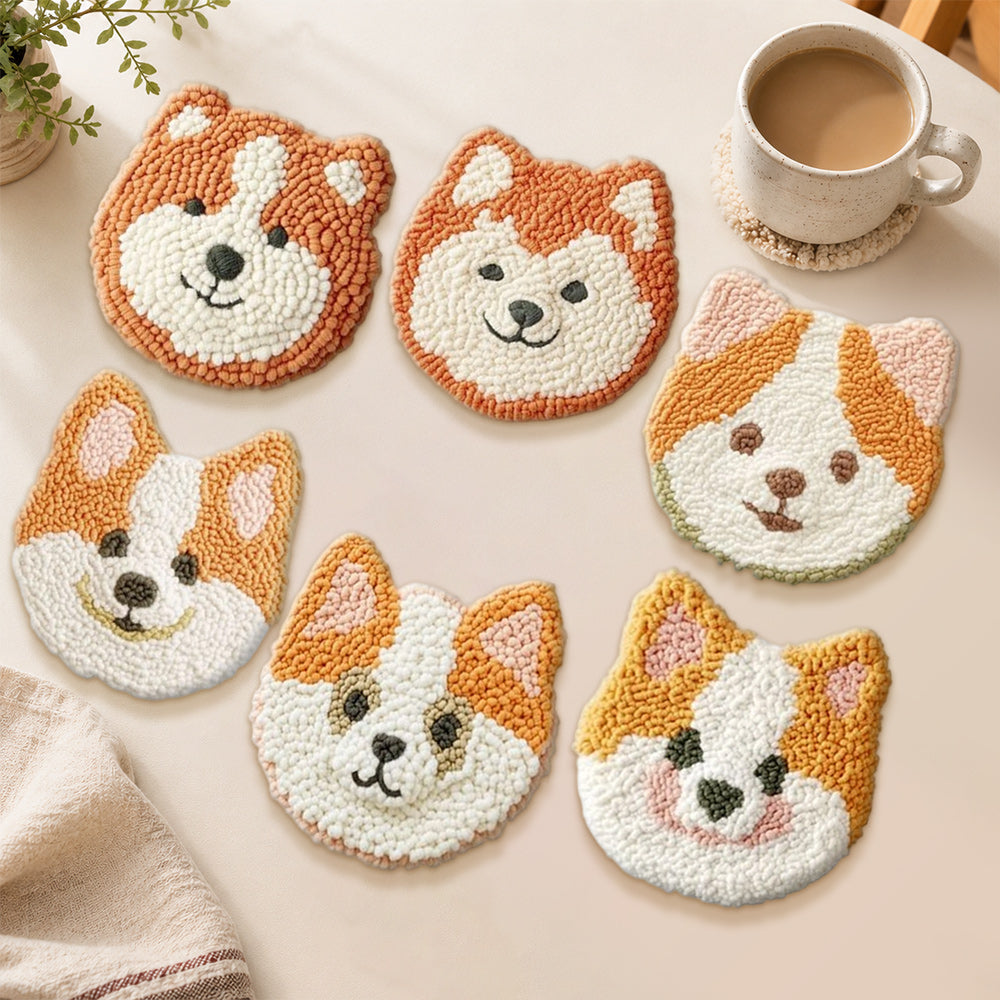 Fluffy dog head punch needle coasters used for home decoration