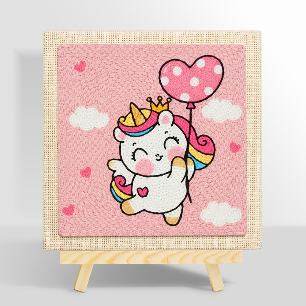 Flying unicorn with heart balloon punch needle kit for beginners