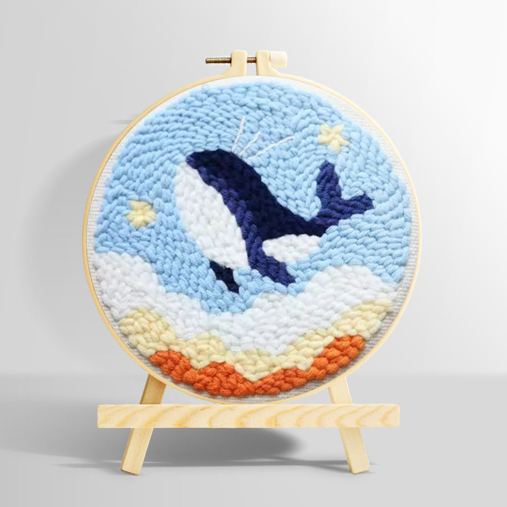 Flying whale in sky with stars and clouds punch needle kit for beginners