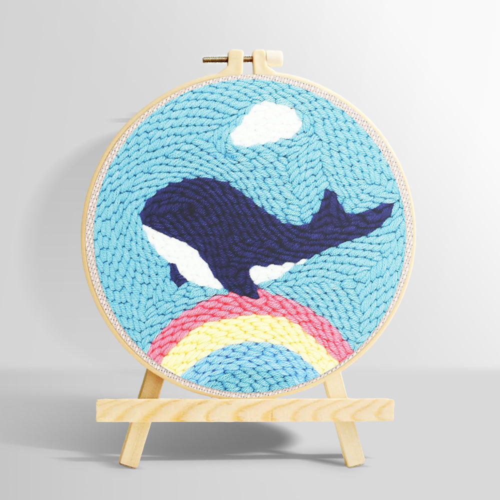 Flying whale over rainbow in blue sky punch needle kit for beginners