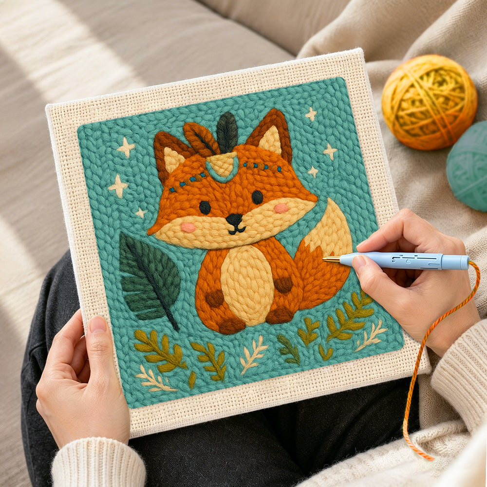 Creating handmade forest prince fox with blue gem punch needle artwork