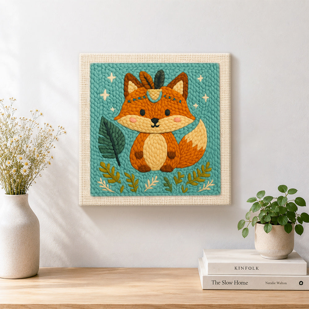 Finished forest prince fox with blue gem artwork displayed on a wall
