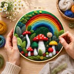 Creating the forest rainbow and red mushrooms wool painting by hand with a felting needle
