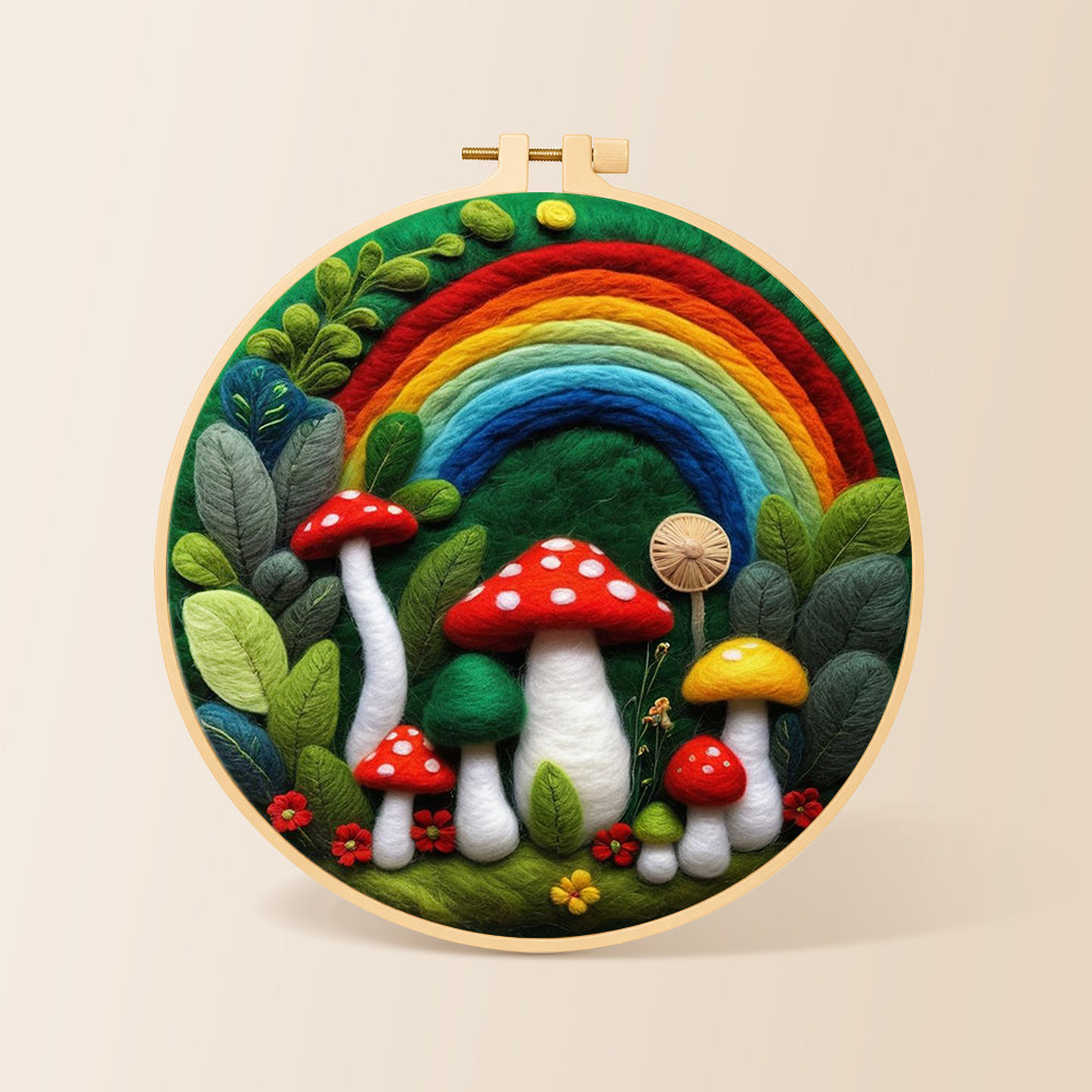 Forest rainbow and red mushrooms needle felting kit for beginners with a round wooden frame