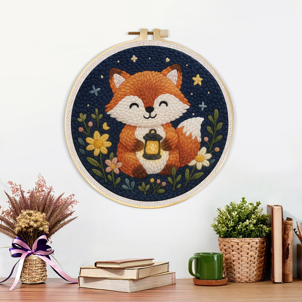 Finished fox at night leaves artwork displayed on a wall