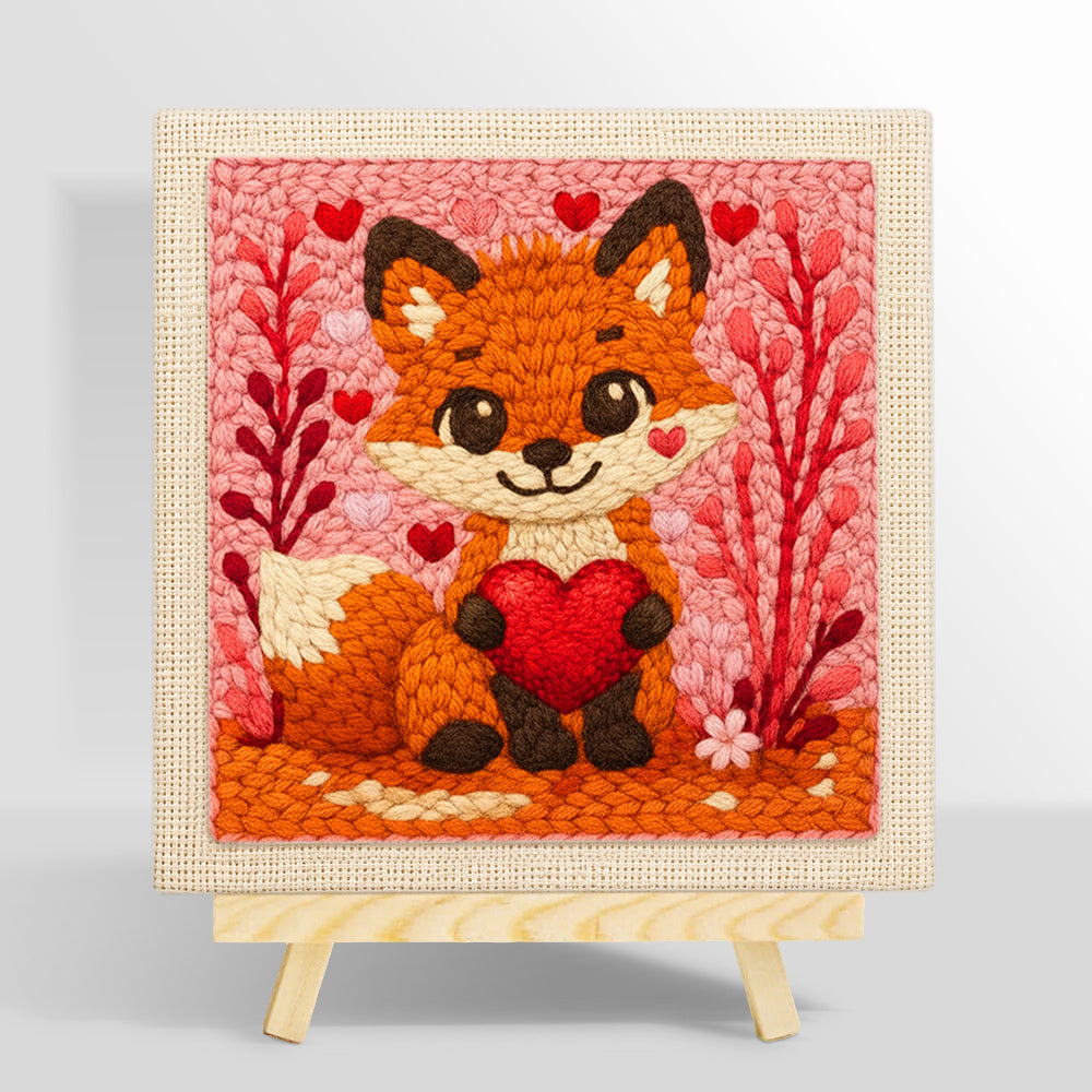 Fox holding a red heart punch needle kit for beginners