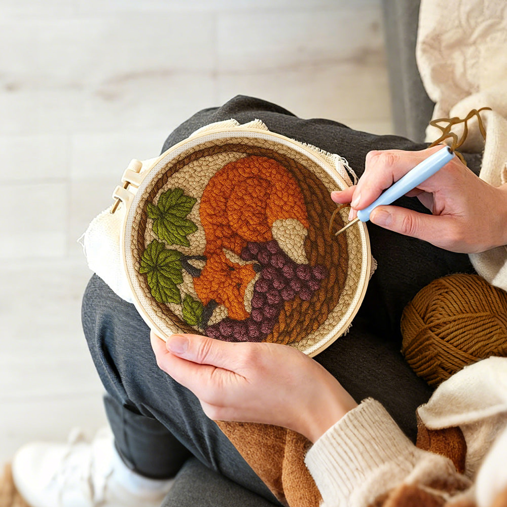Creating handmade fox in the basket punch needle artwork