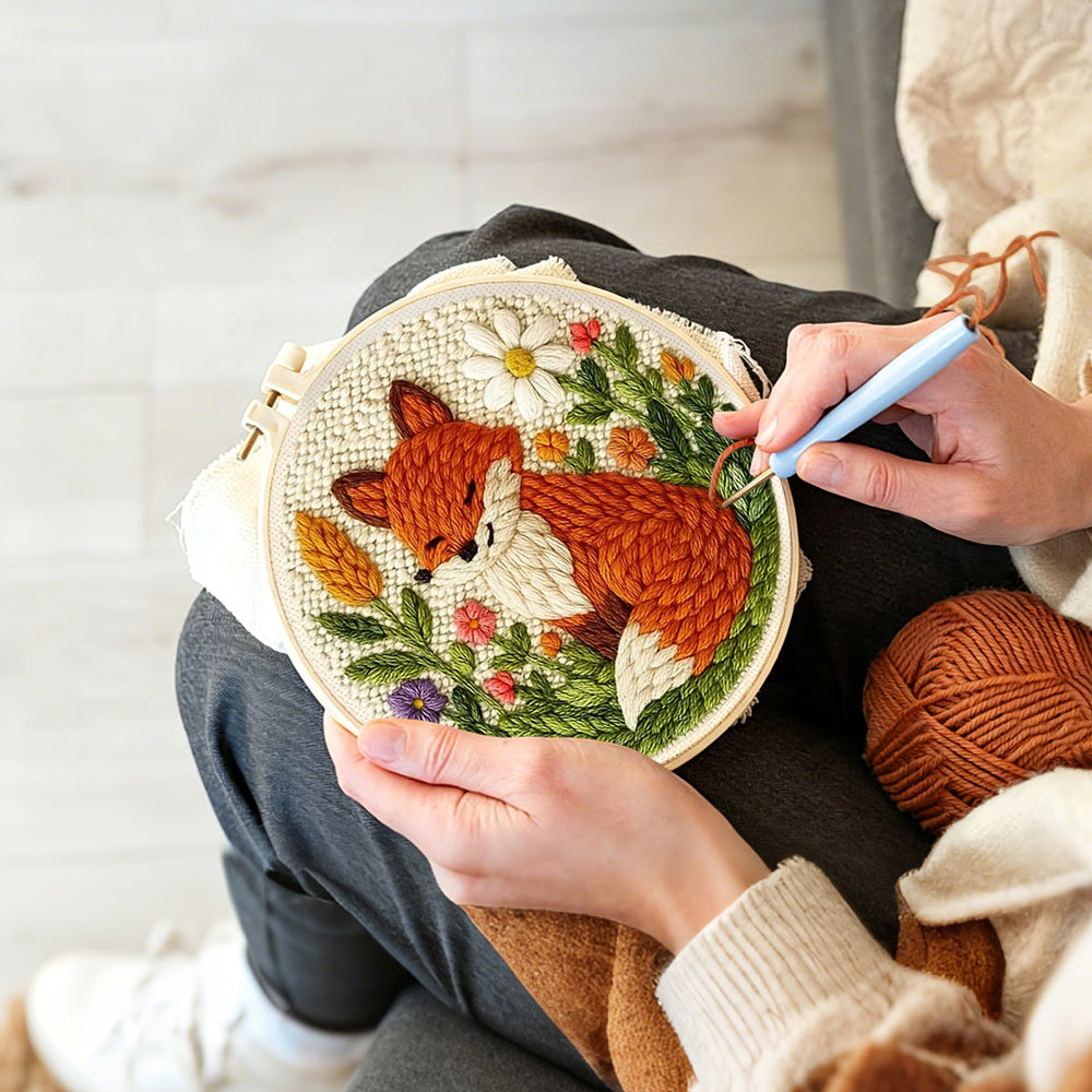 Creating handmade fox in the flowers punch needle artwork