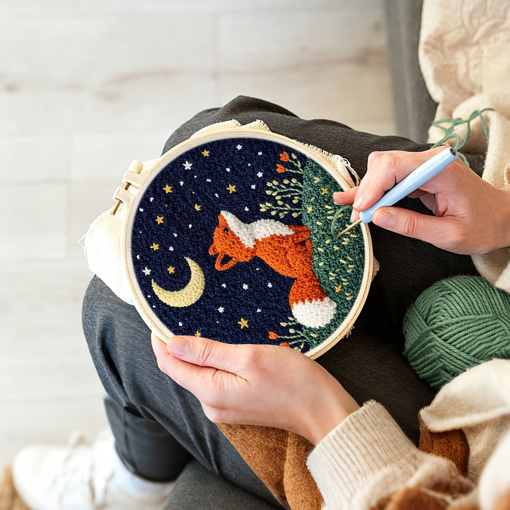 Creating handmade fox under the moon punch needle artwork