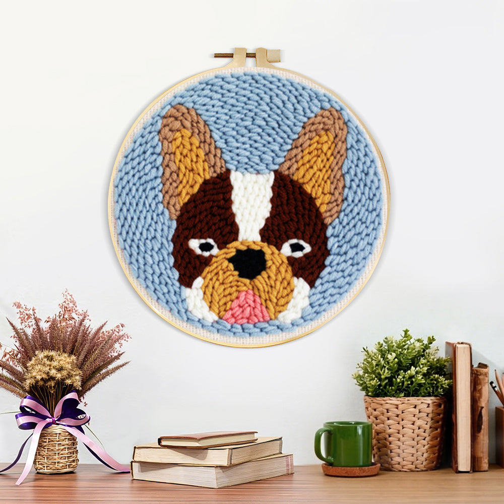 Finished french bulldog artwork displayed on a wall