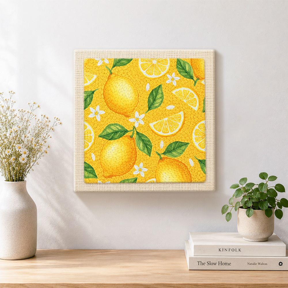 Finished fresh lemons with leaves artwork displayed on a wall